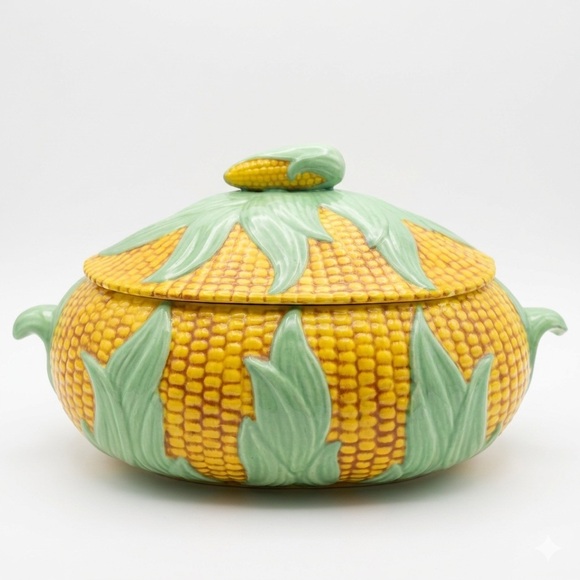 Vintage Other - Vintage 1980 Corn Tureen Covered Ceramic Dish Majolica Style Vegetable Server